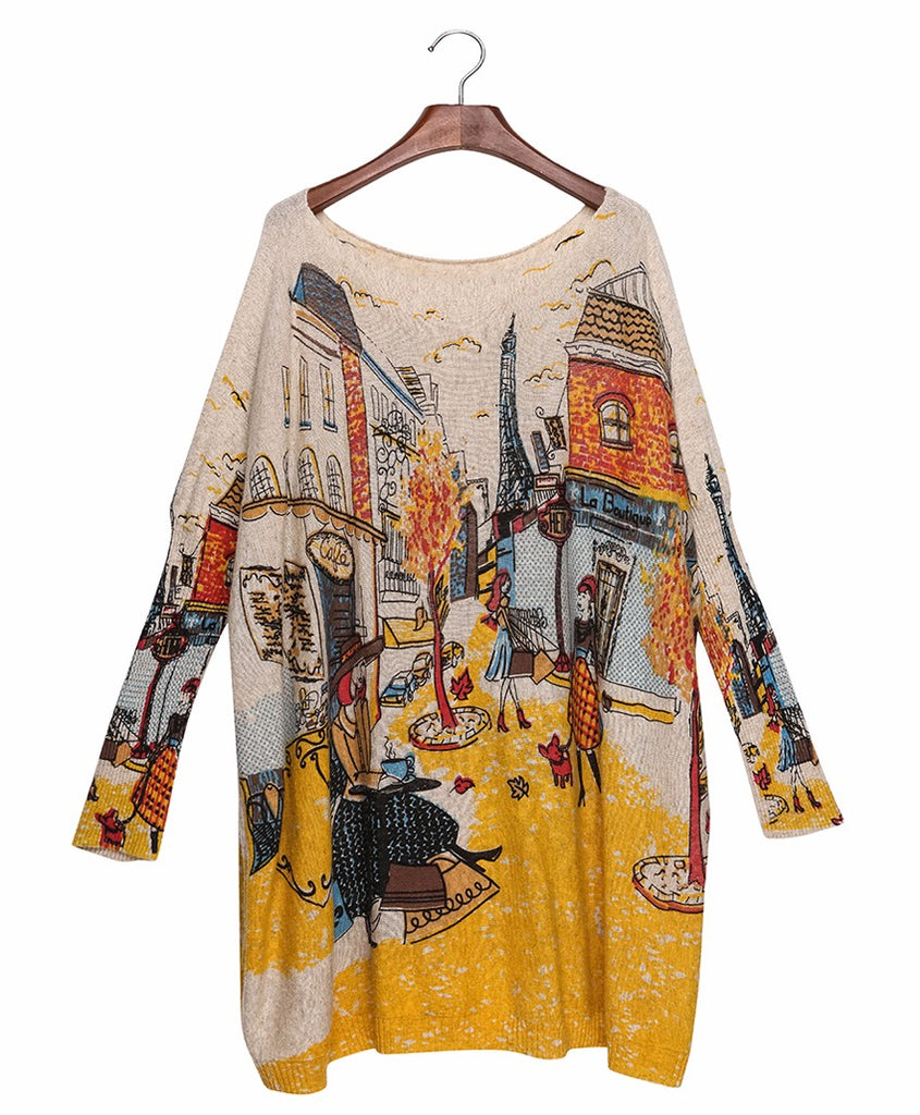 Autumn Winter Casual Long Batwing Sleeve Printed Dresses w-Sweater