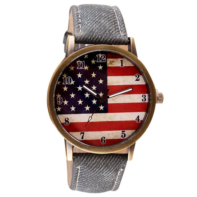 American Flag pattern Leather Band Unisex Quartz Watch