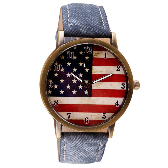 American Flag pattern Leather Band Unisex Quartz Watch