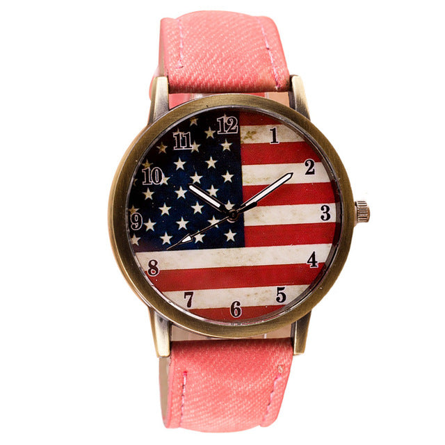 American Flag pattern Leather Band Unisex Quartz Watch