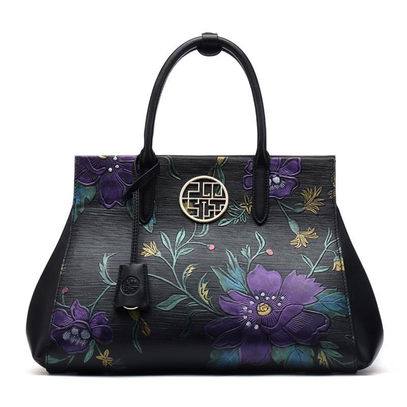Floral Pattern Genuine Leather Designer Handbags Ladies Tote
