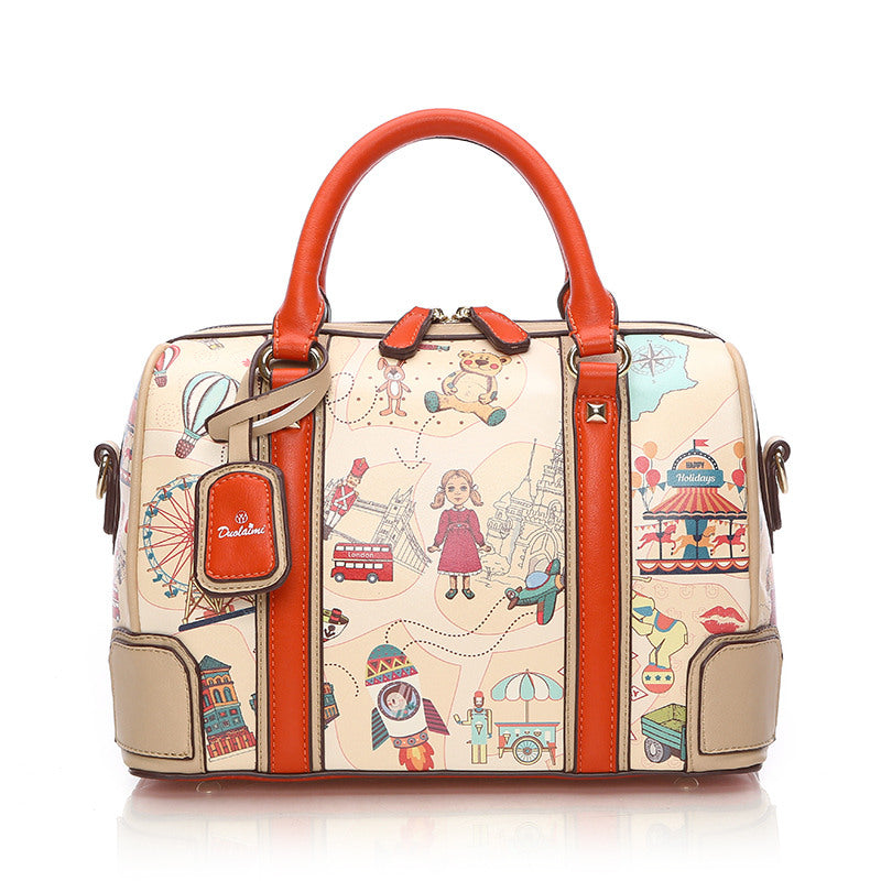 Orange Boston Cartoon Printed Handbag Casual Tote bws