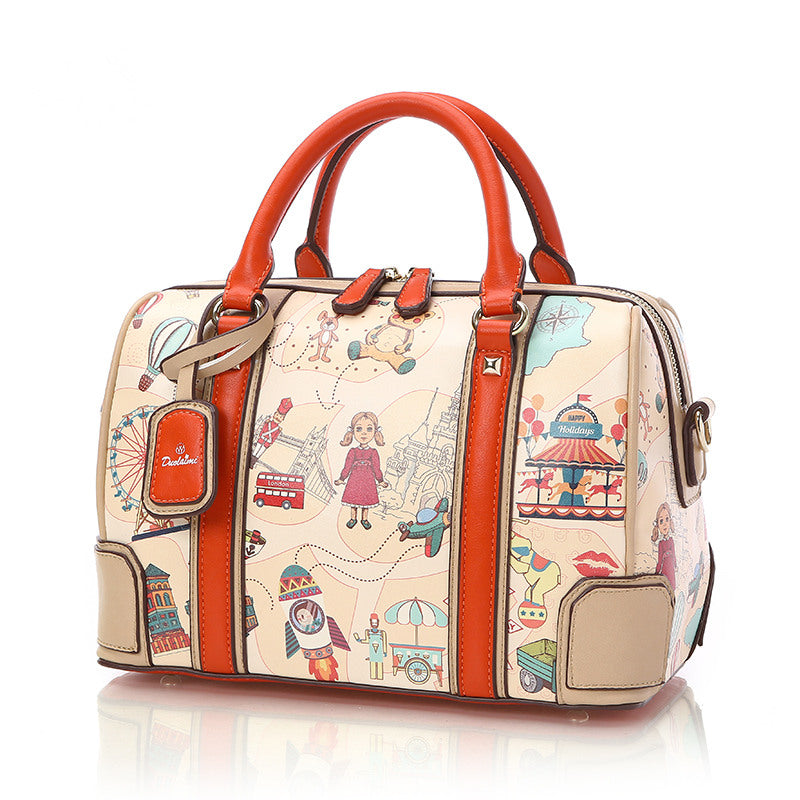 Orange Boston Cartoon Printed Handbag Casual Tote bws