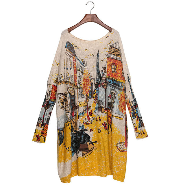 Autumn Winter Casual Long Batwing Sleeve Printed Dresses w-Sweater
