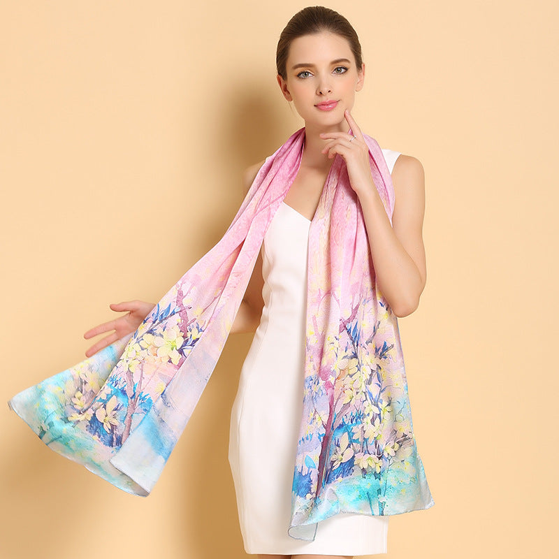 Genuine Long Pure 100% Silk Printed Shawls Beach Cover-ups Scarves