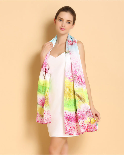 Genuine Long Pure 100% Silk Printed Shawls Beach Cover-ups Scarves