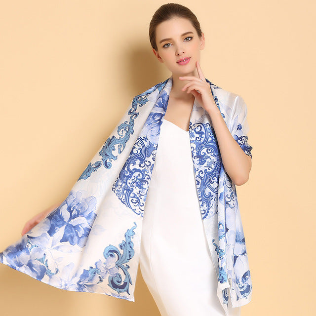 Genuine Long Pure 100% Silk Printed Shawls Beach Cover-ups Scarves