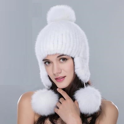 High Quality Real Mink Fur Cap With Fur Pom Pom Knitted Bomber Hats For Women