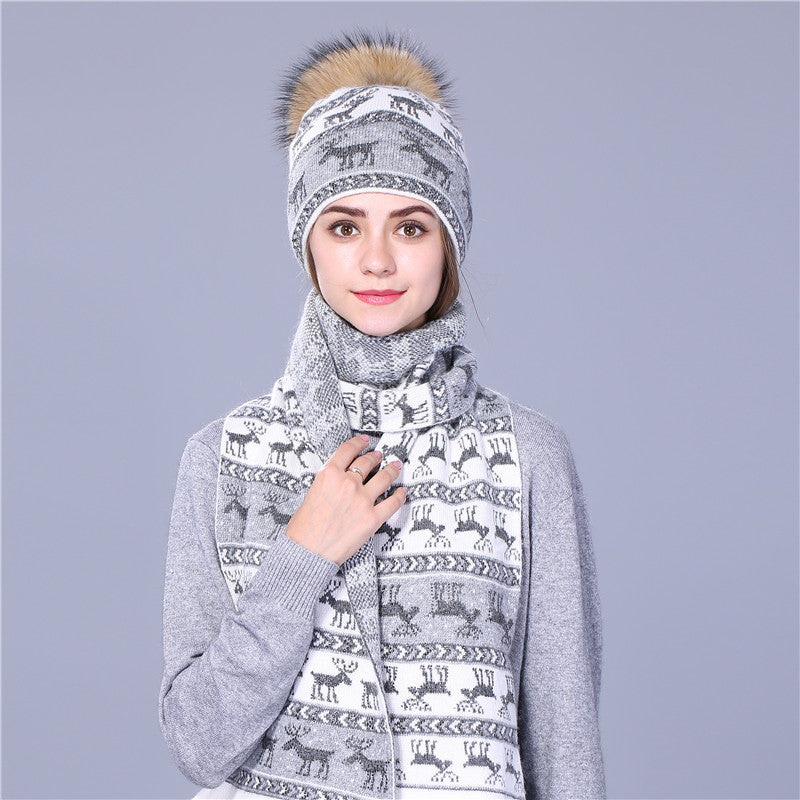 Deer Patterned Winter Scarfs and Hats For Women Thick Double-Deck With Real Mink Fur