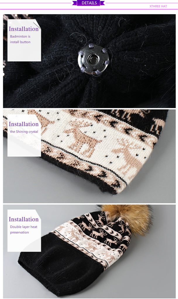 Deer Patterned Winter Scarfs and Hats For Women Thick Double-Deck With Real Mink Fur