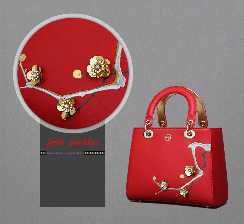 High Quality Versatile Embroidery Flowers Split Leather bws Handbags