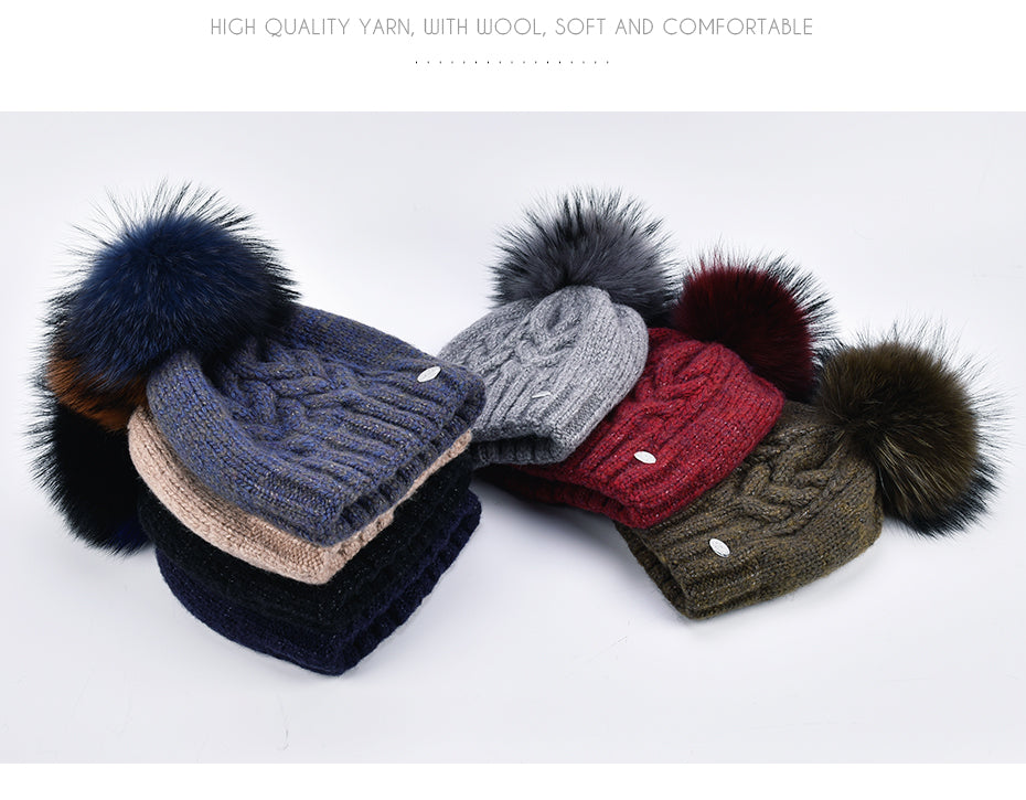 Thick Warm Double Layer Hats For Women With Fur Pompom Cashmere Beanies