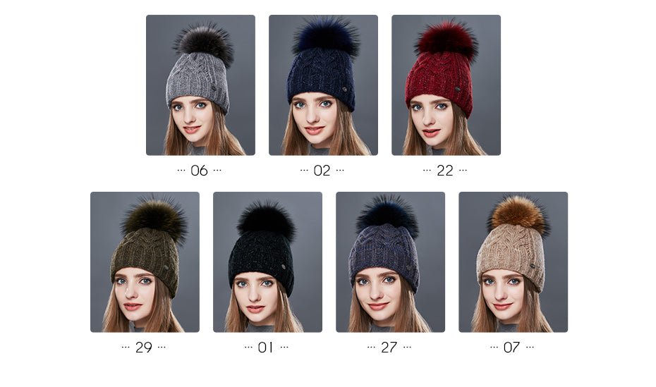 Thick Warm Double Layer Hats For Women With Fur Pompom Cashmere Beanies