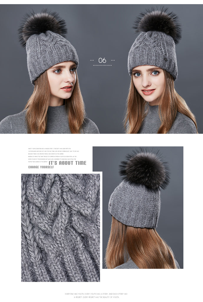 Thick Warm Double Layer Hats For Women With Fur Pompom Cashmere Beanies