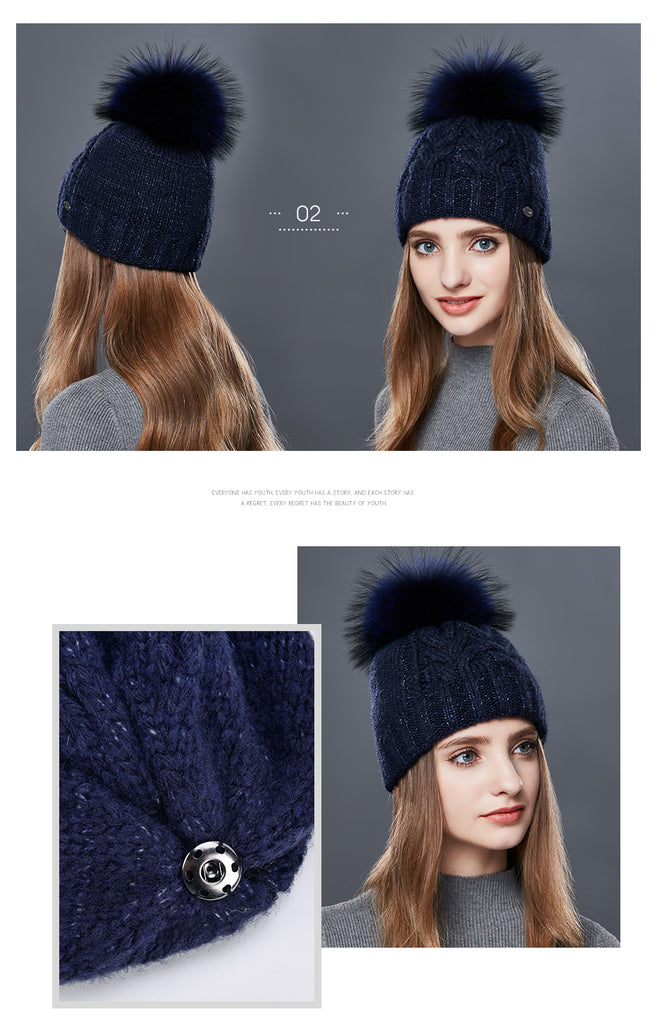 Thick Warm Double Layer Hats For Women With Fur Pompom Cashmere Beanies