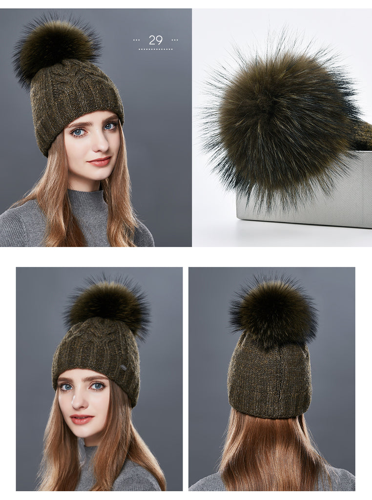 Thick Warm Double Layer Hats For Women With Fur Pompom Cashmere Beanies