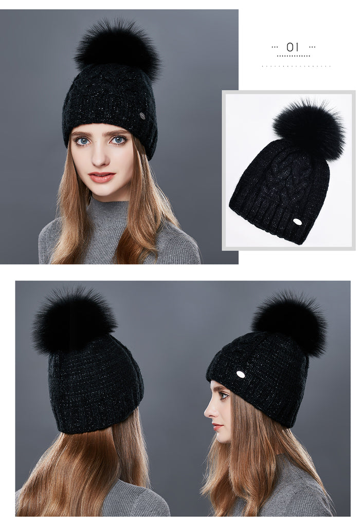 Thick Warm Double Layer Hats For Women With Fur Pompom Cashmere Beanies