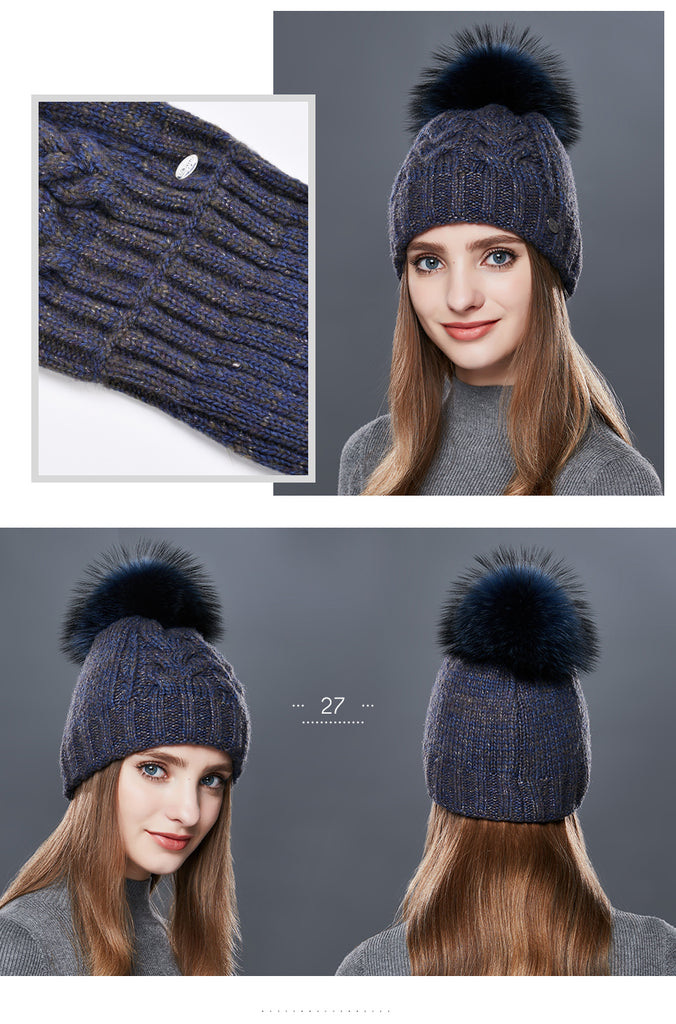 Thick Warm Double Layer Hats For Women With Fur Pompom Cashmere Beanies