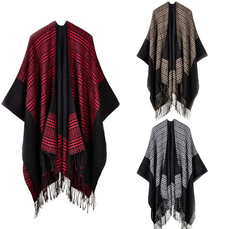 Plaid Tassel Open Stitch Scottish Design Scarves & Shawl Style Sweaters