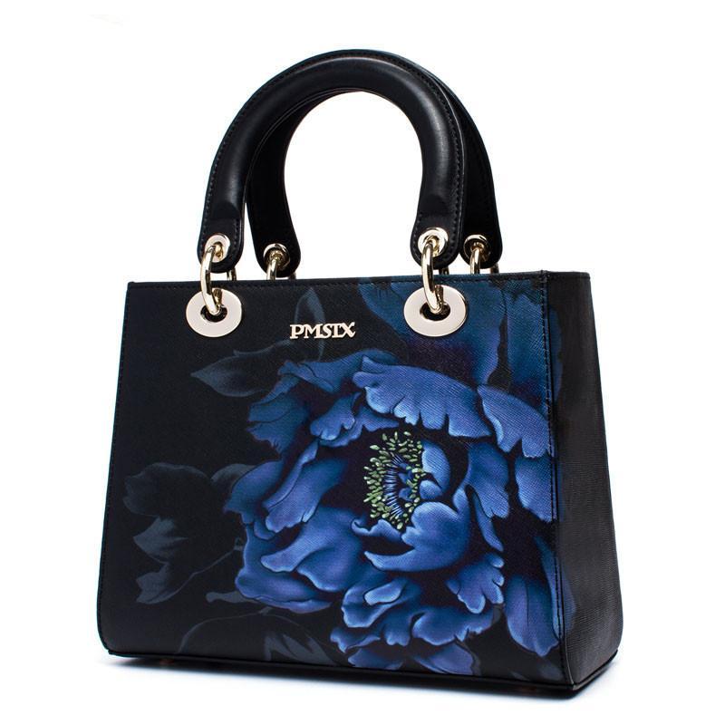 Designer Floral Pattern High Quality Split Leather Vintage Tote Women's Handbag
