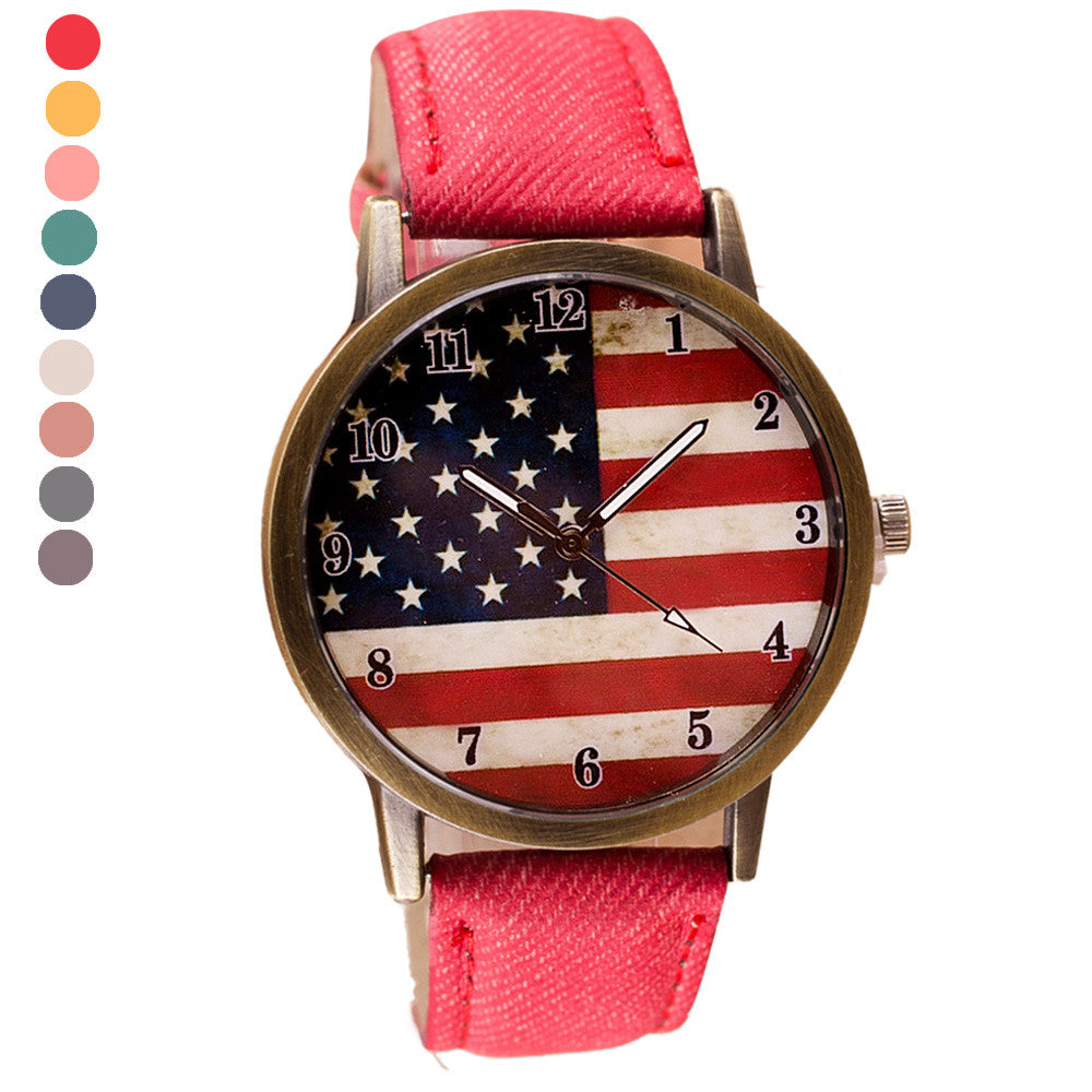 American Flag pattern Leather Band Unisex Quartz Watch