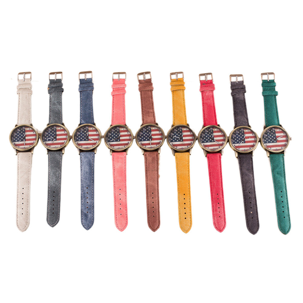 American Flag pattern Leather Band Unisex Quartz Watch