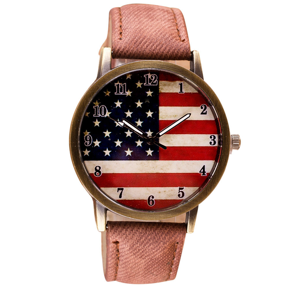 American Flag pattern Leather Band Unisex Quartz Watch