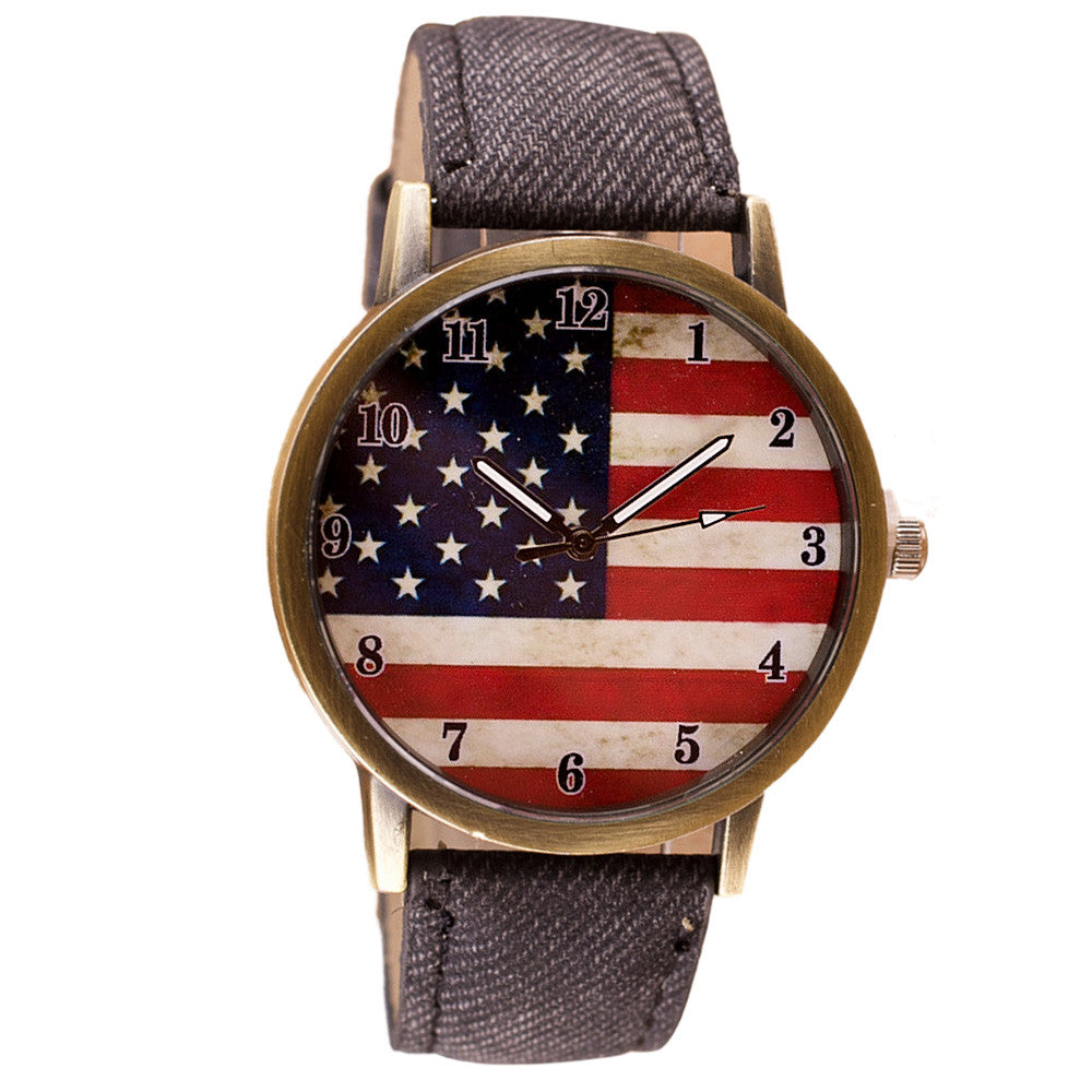 American Flag pattern Leather Band Unisex Quartz Watch