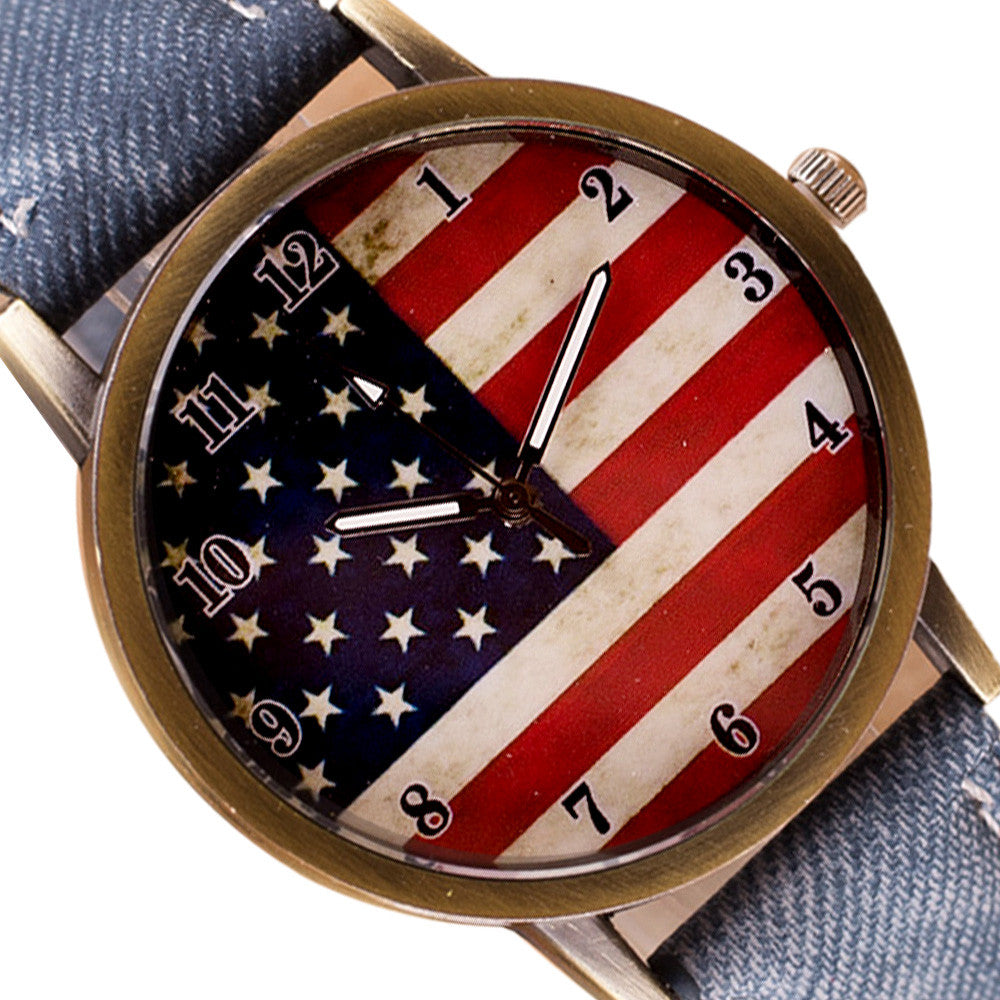 American Flag pattern Leather Band Unisex Quartz Watch