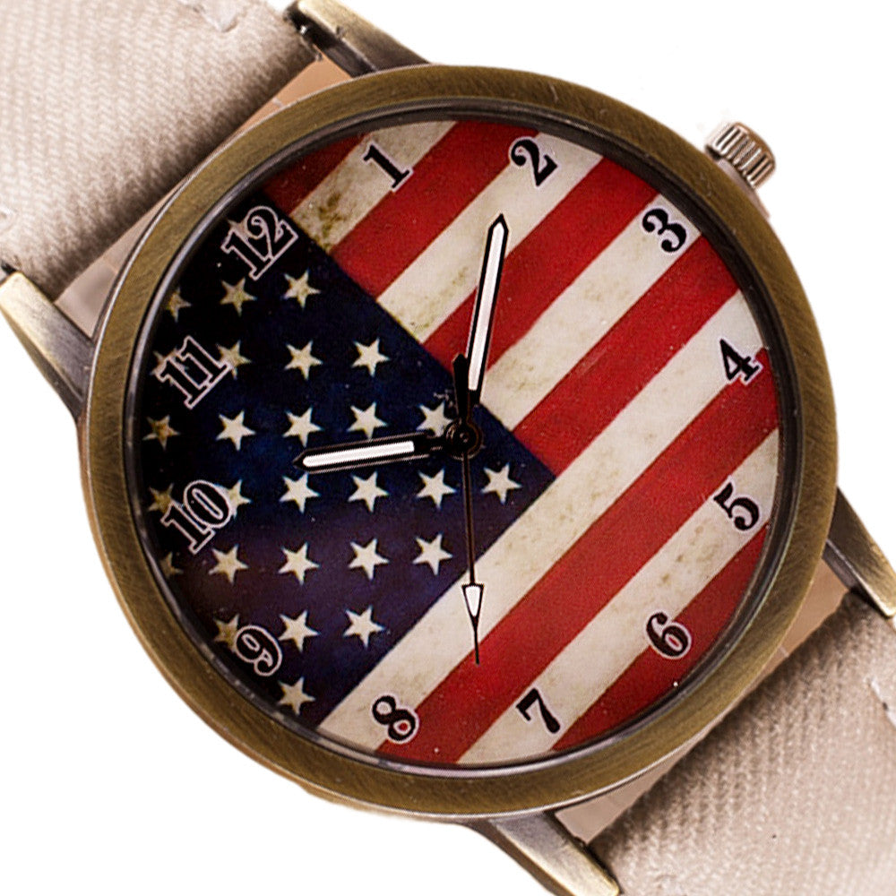 American Flag pattern Leather Band Unisex Quartz Watch