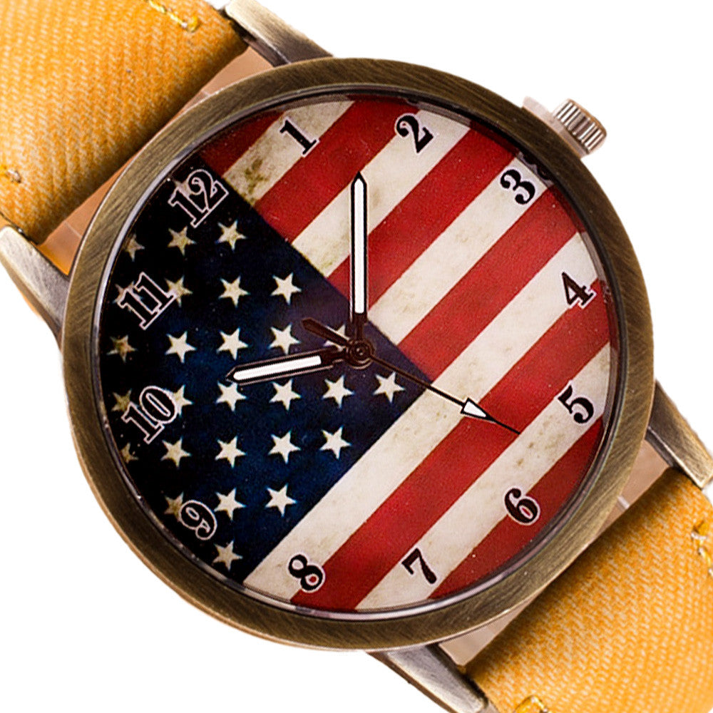 American Flag pattern Leather Band Unisex Quartz Watch