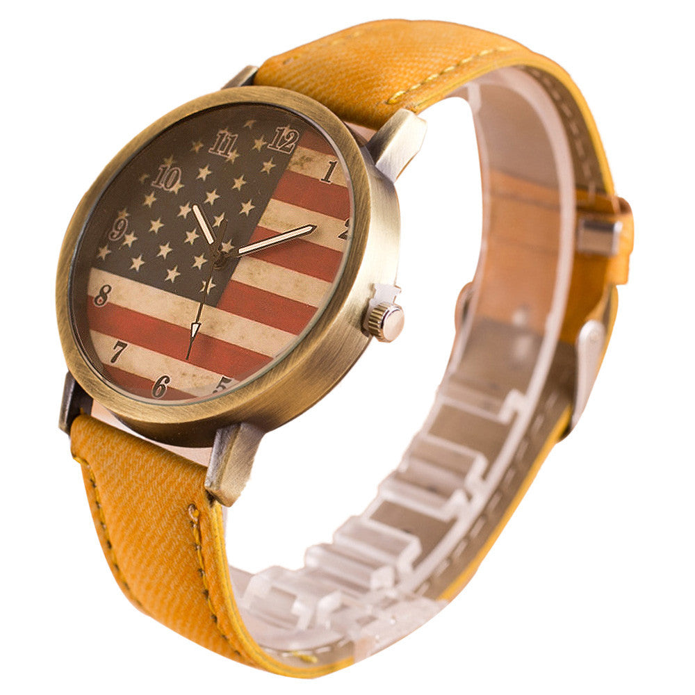 American Flag pattern Leather Band Unisex Quartz Watch