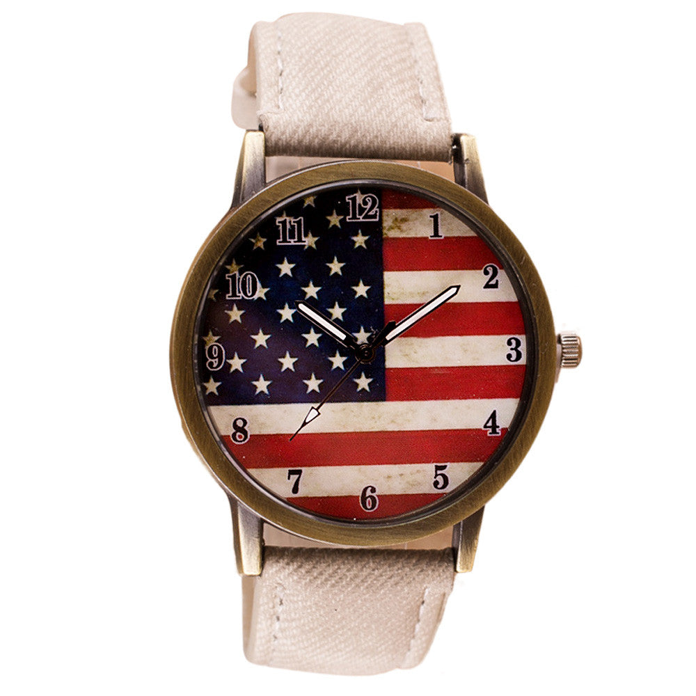 American Flag pattern Leather Band Unisex Quartz Watch