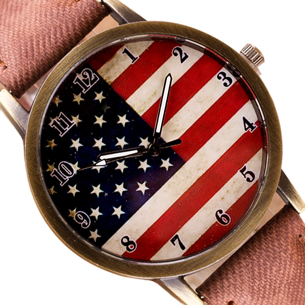 American Flag pattern Leather Band Unisex Quartz Watch