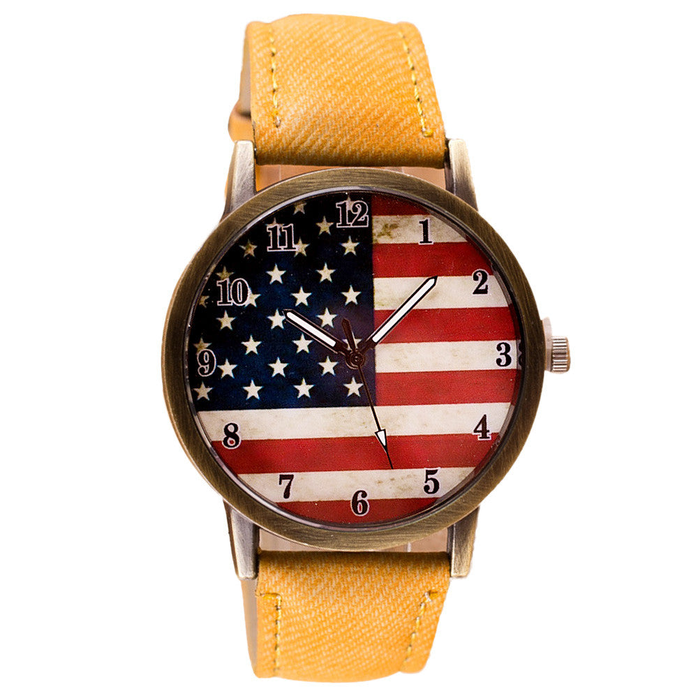 American Flag pattern Leather Band Unisex Quartz Watch