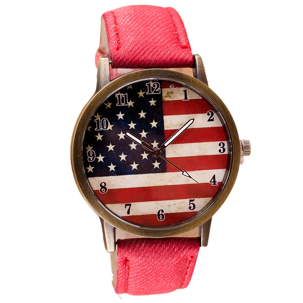 American Flag pattern Leather Band Unisex Quartz Watch