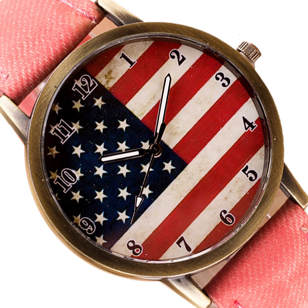 American Flag pattern Leather Band Unisex Quartz Watch