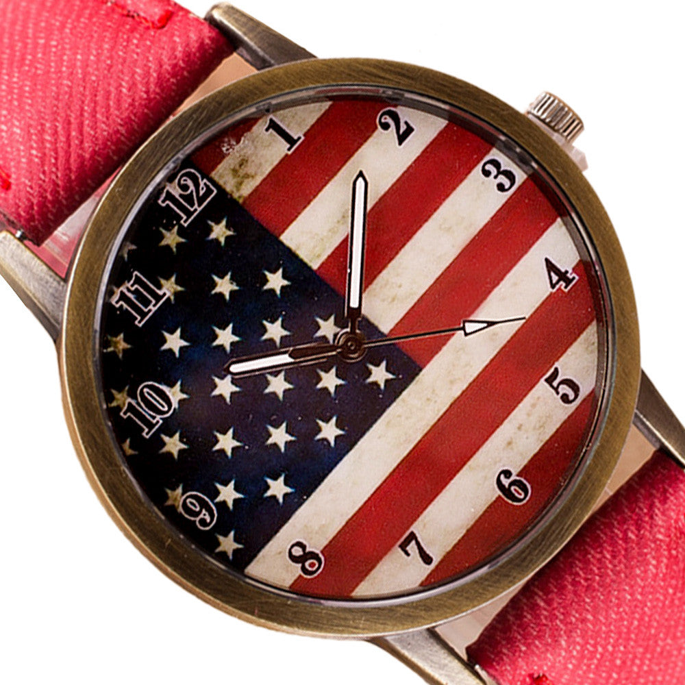 American Flag pattern Leather Band Unisex Quartz Watch