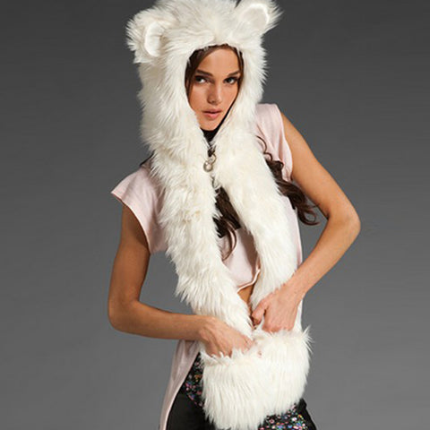 Faux Fur Ears Hat Fluffy Plush Cap Casual Cute Hood Gloves Unisex Scarves
