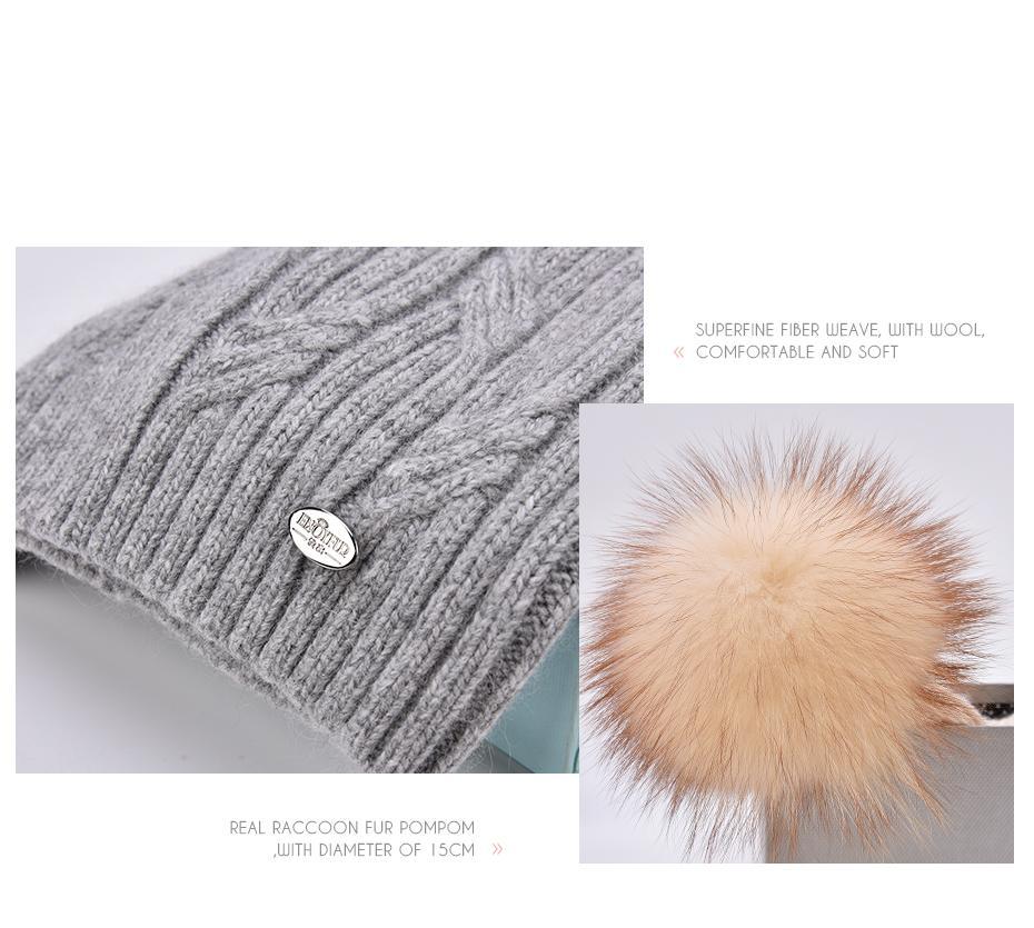 Cashmere Knitted Winter Hat For Women With Real Fur Pompom