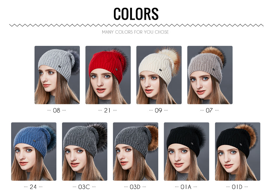 Cashmere Knitted Winter Hat For Women With Real Fur Pompom