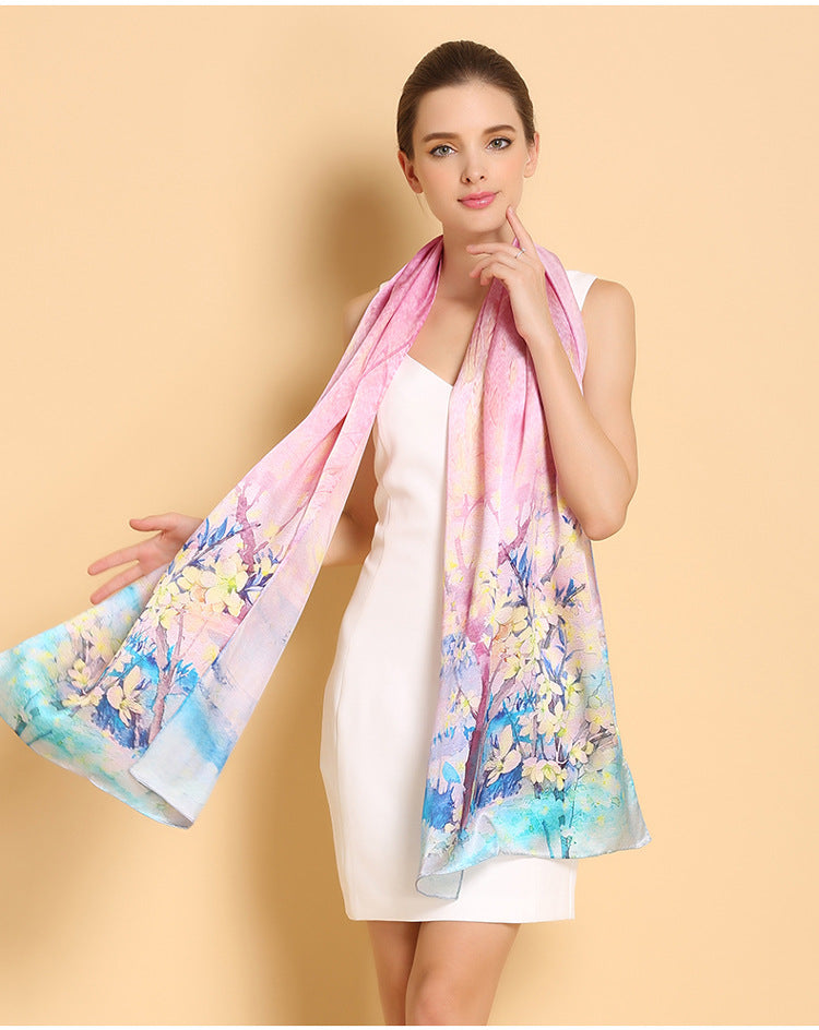 Genuine Long Pure 100% Silk Printed Shawls Beach Cover-ups Scarves