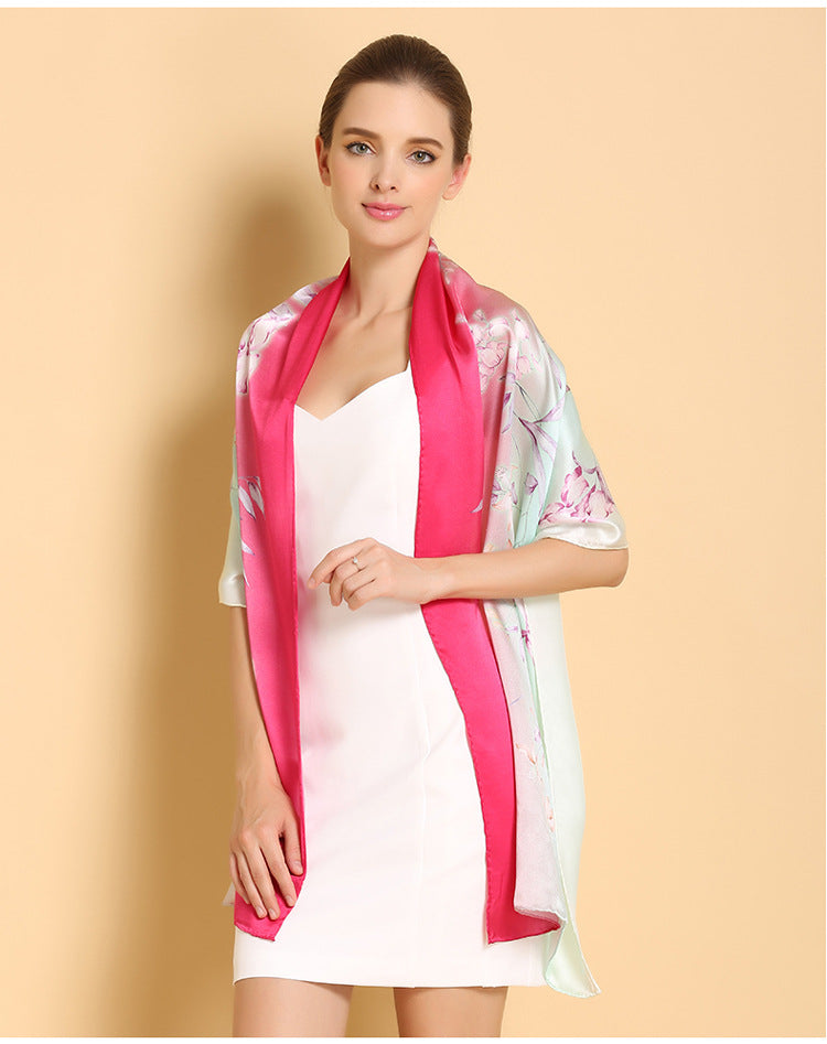 Genuine Long Pure 100% Silk Printed Shawls Beach Cover-ups Scarves