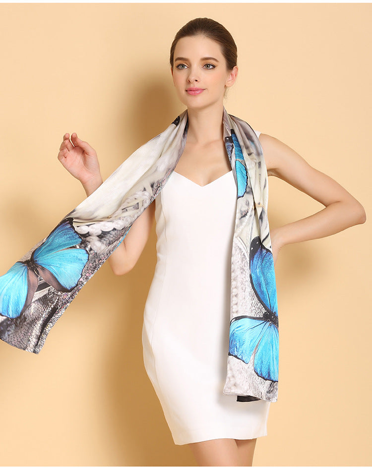 Genuine Long Pure 100% Silk Printed Shawls Beach Cover-ups Scarves