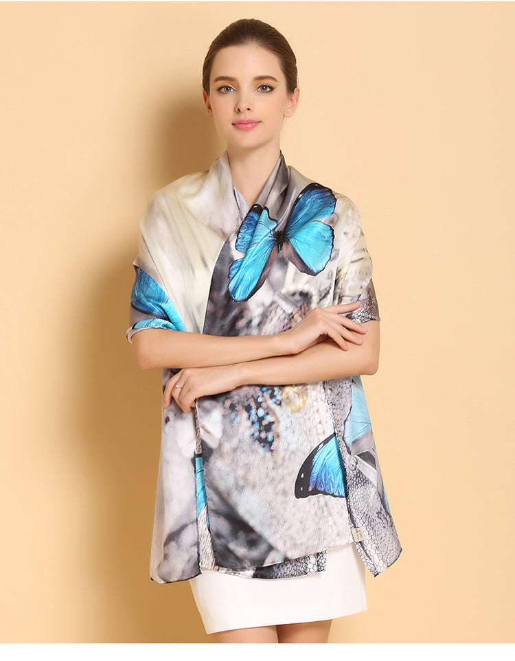 Genuine Long Pure 100% Silk Printed Shawls Beach Cover-ups Scarves