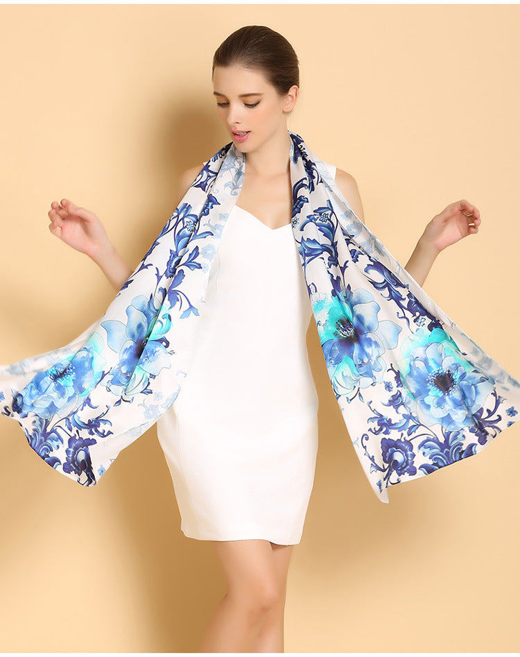 Genuine Long Pure 100% Silk Printed Shawls Beach Cover-ups Scarves