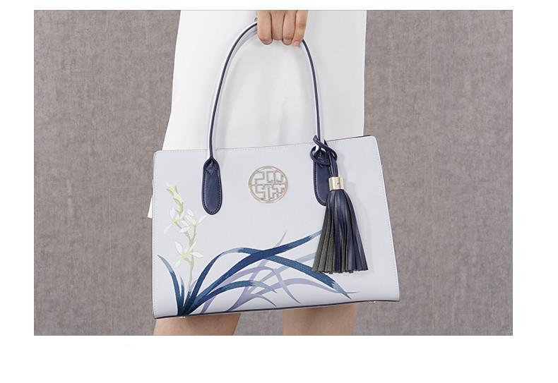 Flowers Printed Genuine Leather Top Quality Tassel Tote Handbags bws