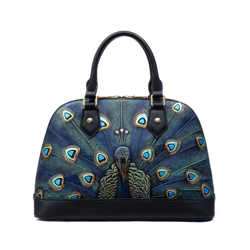Genuine Leather Peacock Pattern High Quality Tote Handbag bws