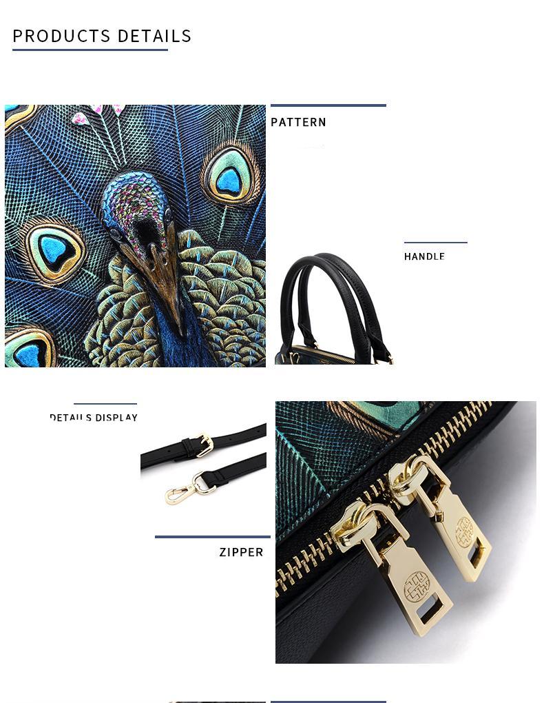 Genuine Leather Peacock Pattern High Quality Tote Handbag bws