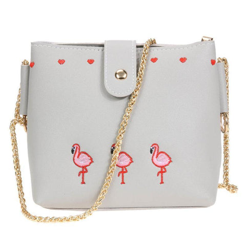 Flamingo Fashion Embroidery Printed Long Chain Crossbody Bag bws